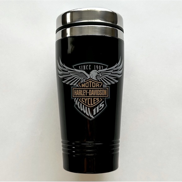 Harley Davidson 16 Oz metal tumbler cup beer drink mug lid Eagle bike week black - Picture 6 of 6